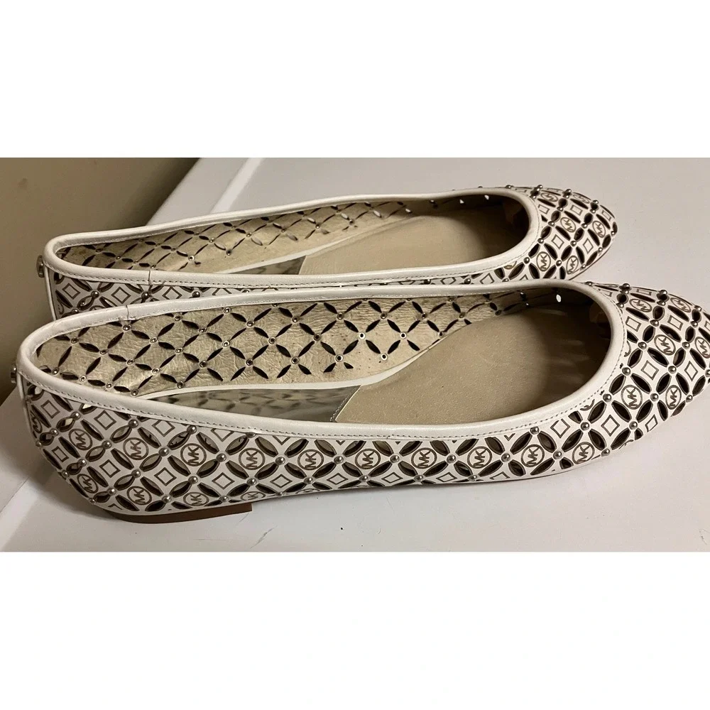 Michael‎ Kors Womens White Leather Laser Cut Studded Ballet Flats 10M PW13K